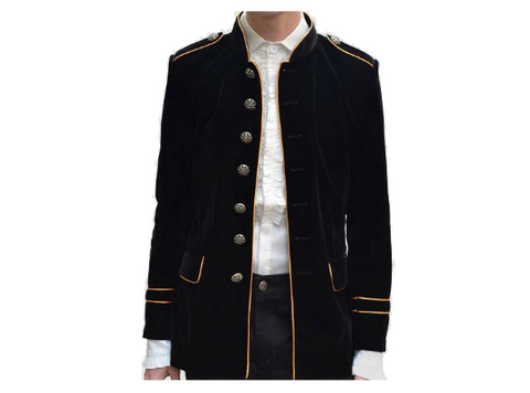 Men's Handmade Gothic Fashion Coat Black COTTON Jacket Black Military Style Yellow Piping