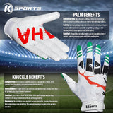 K Sports Football Gloves for Youth and Adult Receiver Sticky Silicone Grip Skin fit Tacky Gloves